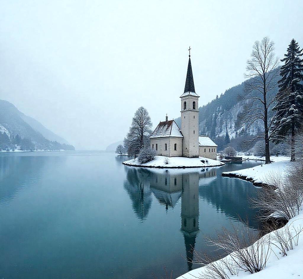 Lake Bled with island church and mountains in the background