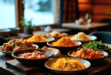 Colorful variety of traditional dishes from around the world on a wooden table