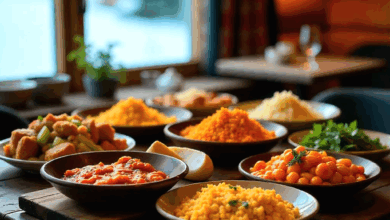 Colorful variety of traditional dishes from around the world on a wooden table