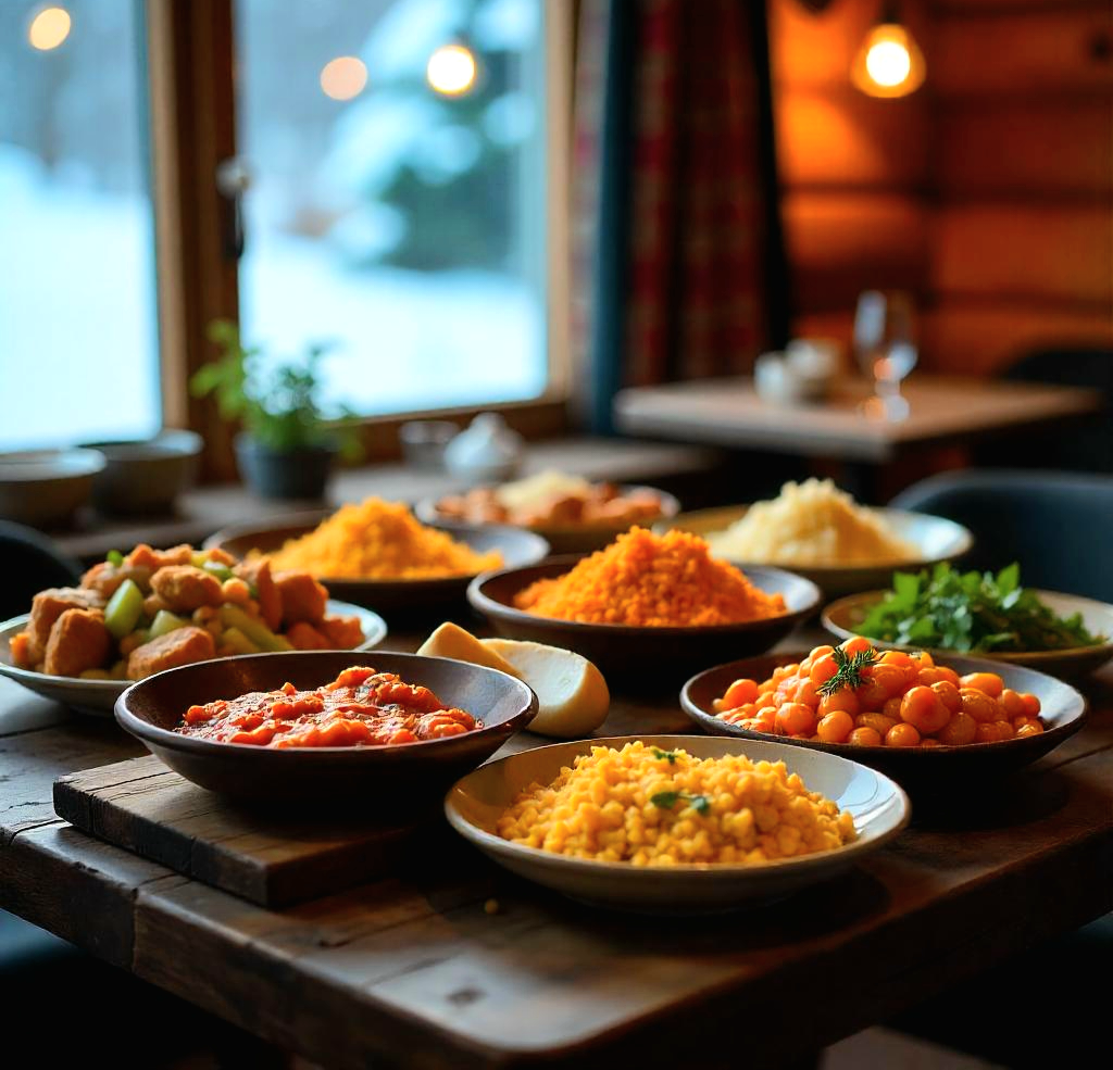 Colorful variety of traditional dishes from around the world on a wooden table